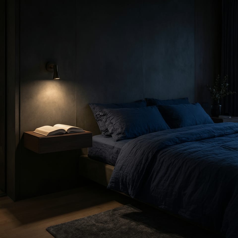 Ambiente nocturno de un dormitorio contemporáneo con mesita suspendida ajustada a la altura de la cama