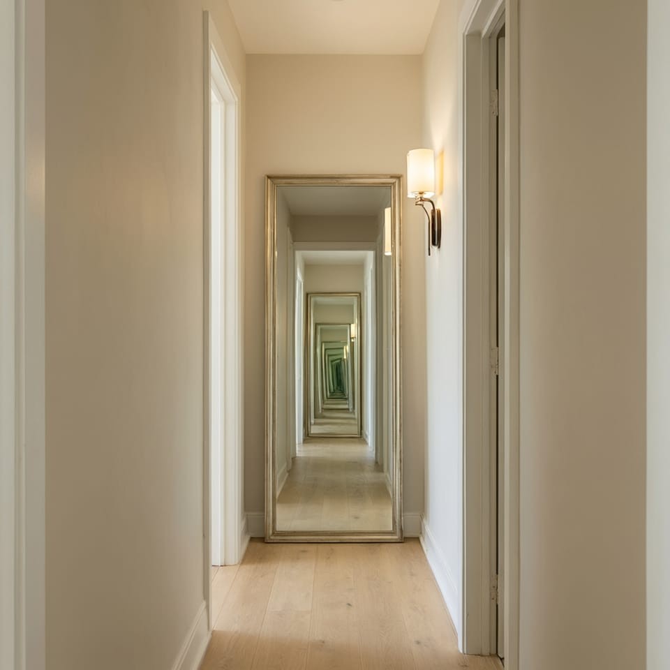 Pasillo decorado con un espejo rectangular de marco fino apoyado al fondo junto a un aplique de pared