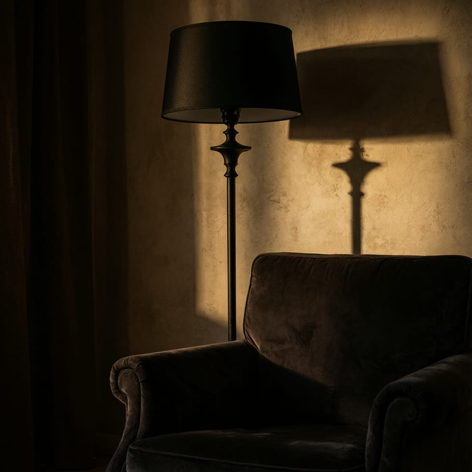 Lámpara de pie negra proyectando sombras alargadas sobre una pared en un salón ambientado para Halloween
