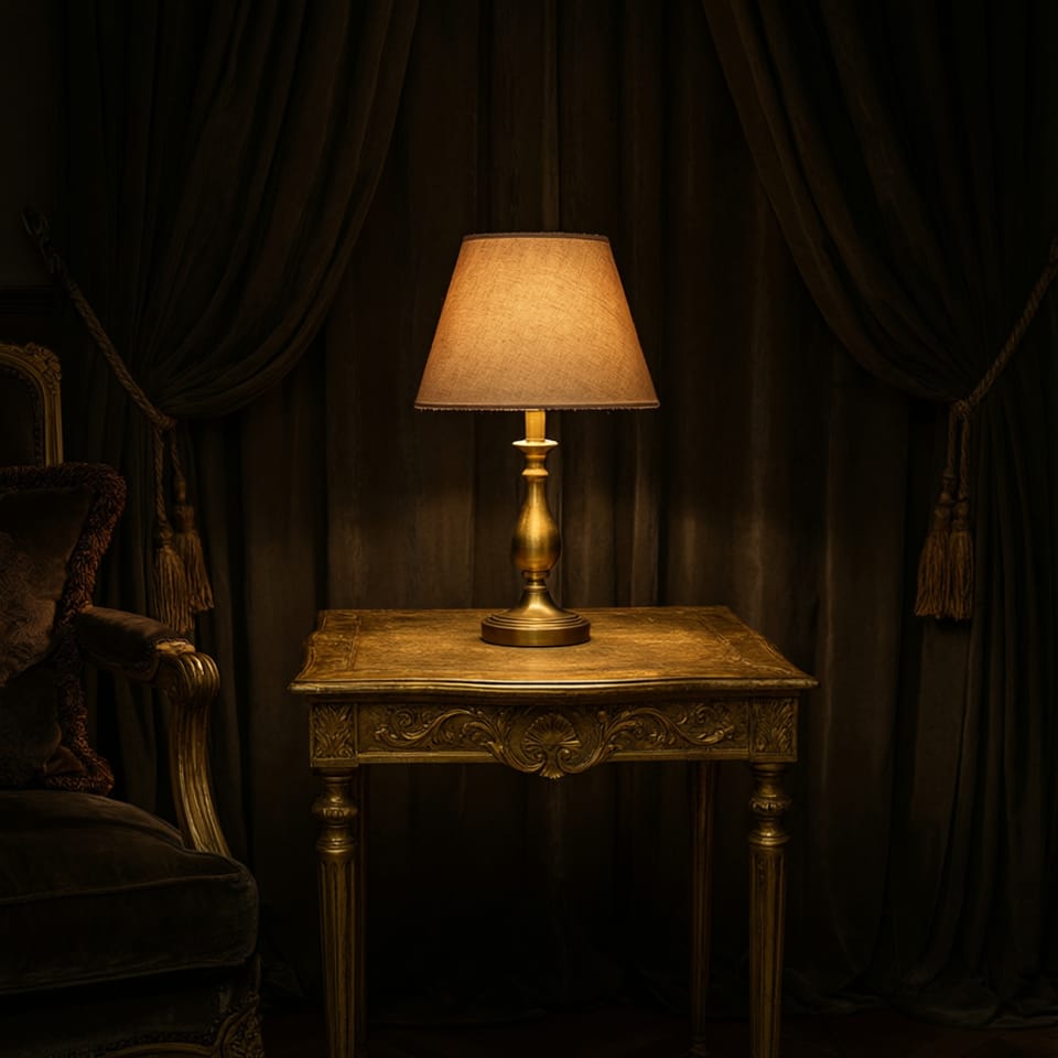 Detalle de mesa auxiliar con acabado dorado envejecido iluminada por una lámpara de sobremesa de luz cálida