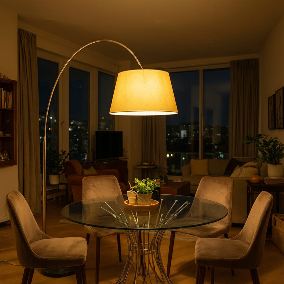 Ambiente de comedor elegante con iluminación cálida proyectada desde una lámpara de arco