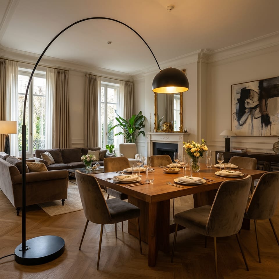 Vista general de un salón comedor donde destaca la silueta curva de una lámpara de pie