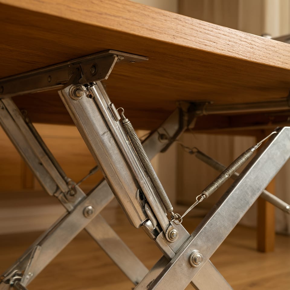 Detalle de las bisagras metálicas y el mecanismo de una mesa de centro elevable en acción