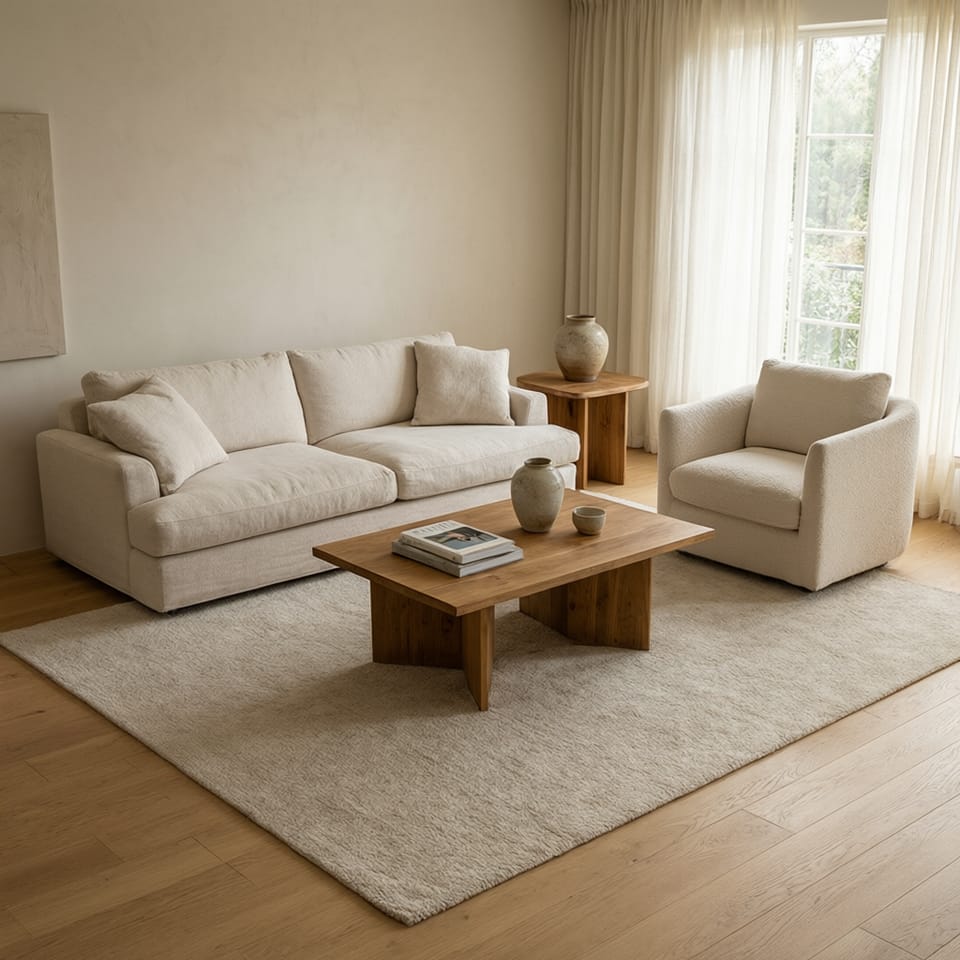 Distribución de salón diáfano con mesa de centro multifuncional, sillón de lectura y mesa auxiliar lateral