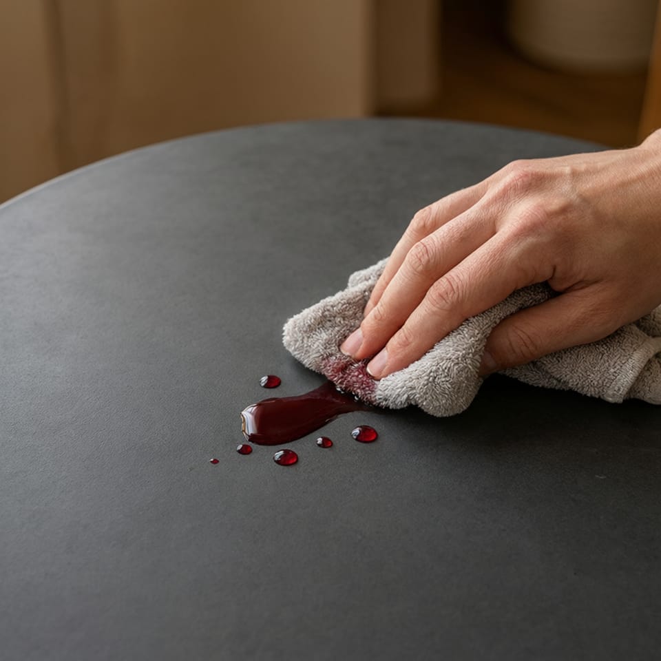 Detalle de una mano limpiando fácilmente un derrame de líquido sobre una mesa de cerámica oscura