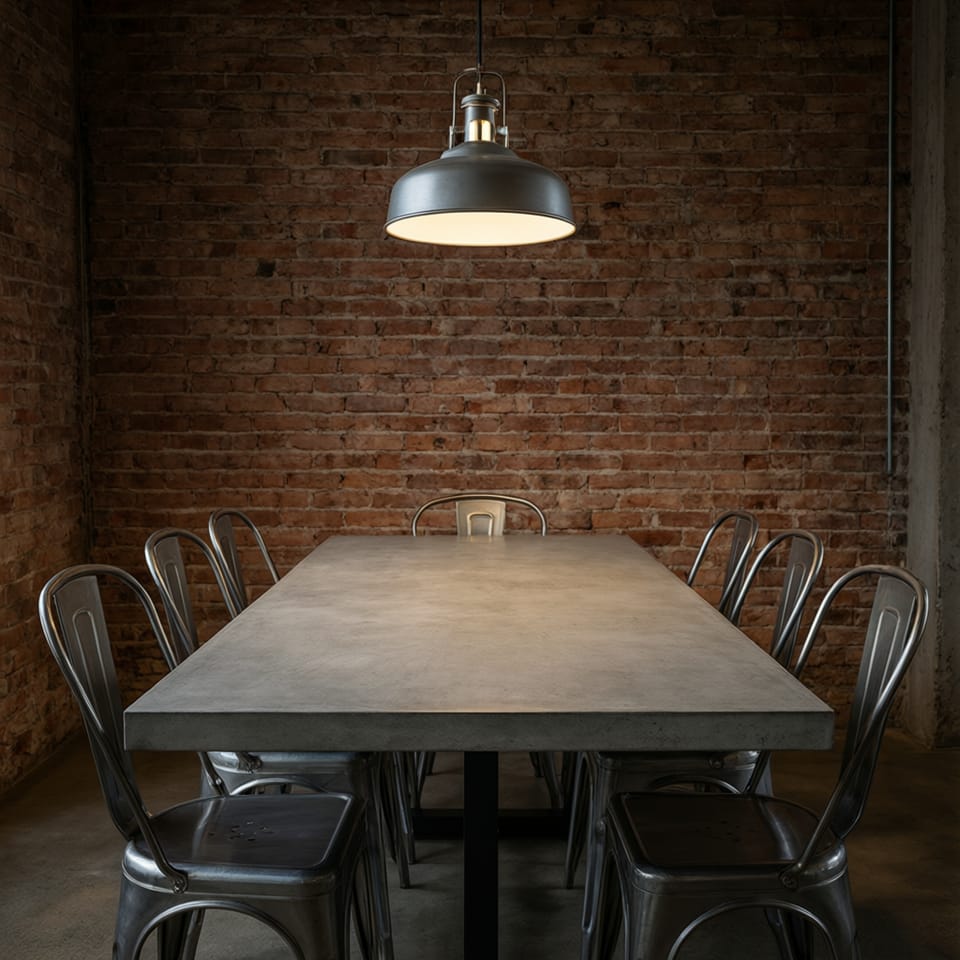 Comedor de estilo industrial con mesa de cerámica efecto cemento y sillas metálicas bajo una lámpara colgante