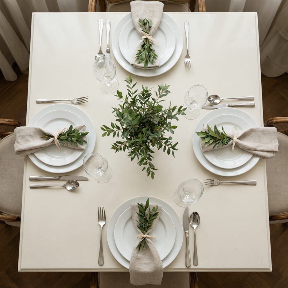 Vista cenital de una mesa de comedor cerámica rectangular preparada con vajilla y centros decorativos