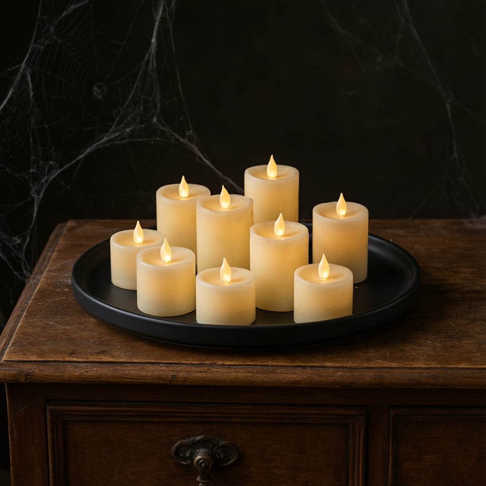 Detalle de velas de llama artificial agrupadas sobre un plato de cerámica negra en una consola de recibidor tematizada