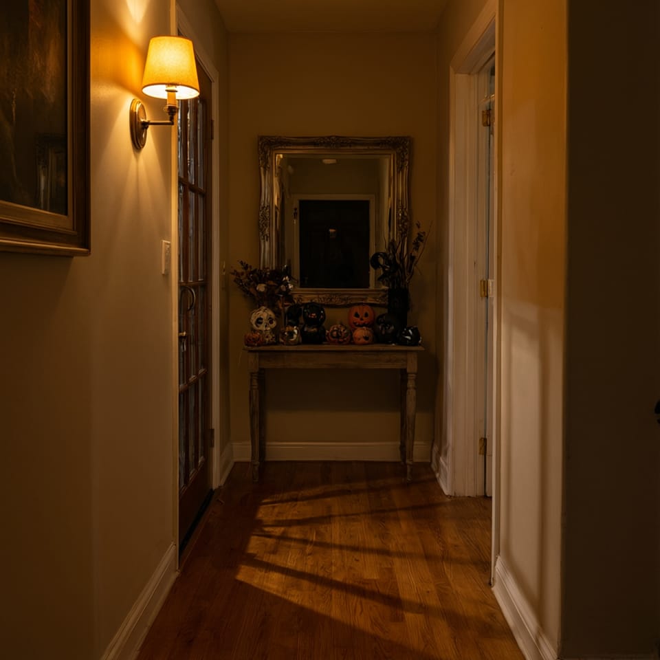 Pasillo de entrada iluminado con luz ámbar donde un espejo refleja elementos decorativos de terror de forma sutil